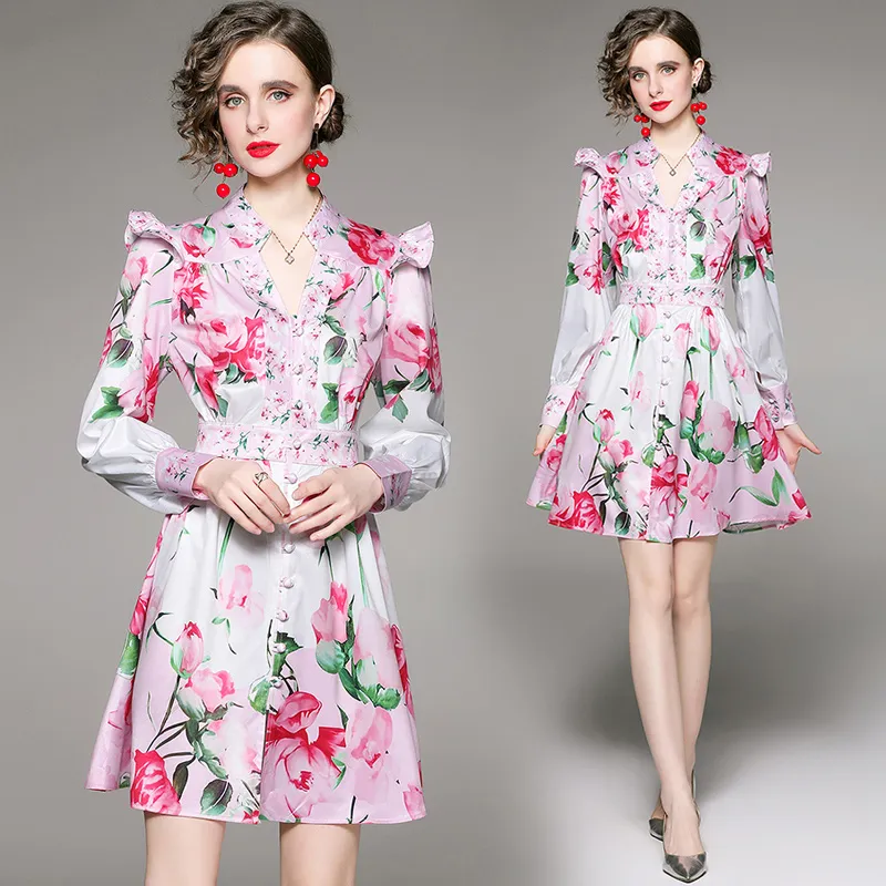 High-end Trend Womens Retro Dress Long Sleeve Ruffle Printed Dress 2023 Summer Autumn Floral Dress Temperament Lady Shirt Dresses