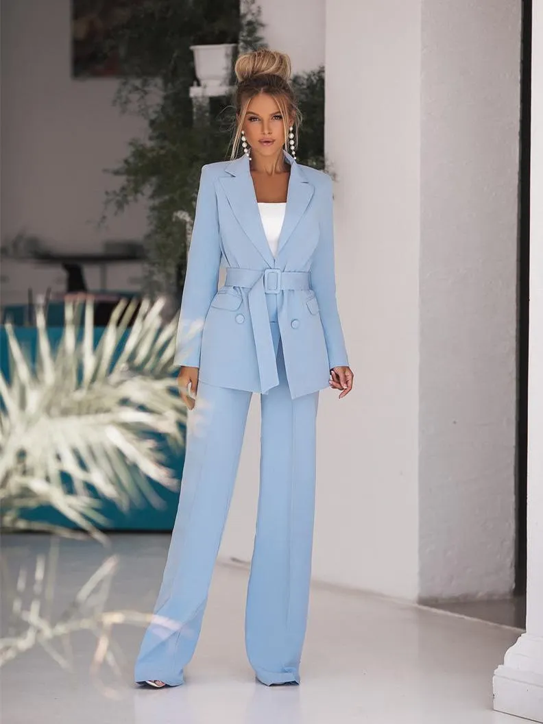 Pantalon de deux pièces pour femmes Sky Blue 2 pièces costume avec ceinture femmes dames soirée smokings vêtements de travail formels pour l'occasion de mariage