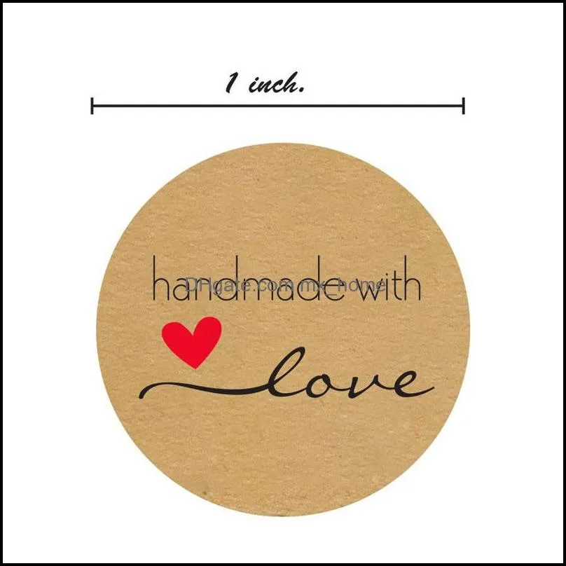 500pcs 1inch Handmade With Love Kraft Paper Stickers Round Adhesive Labels Baking Wedding Party Decoration