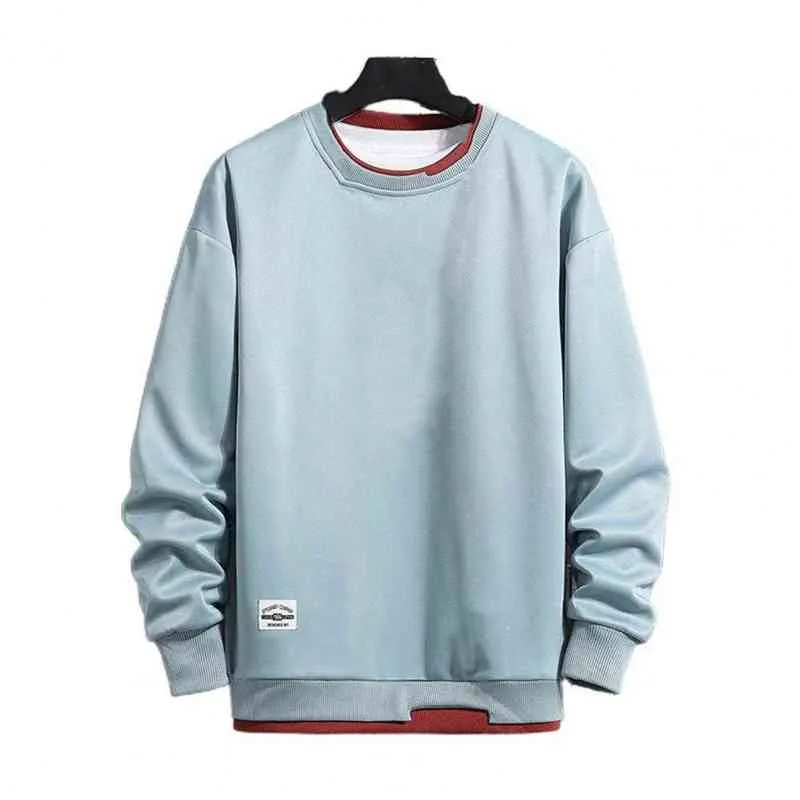Överdimensionerad hoodie män tröja fast färg långa ärmar casual dubbelskiktad o nacke tröja streetwear l220725