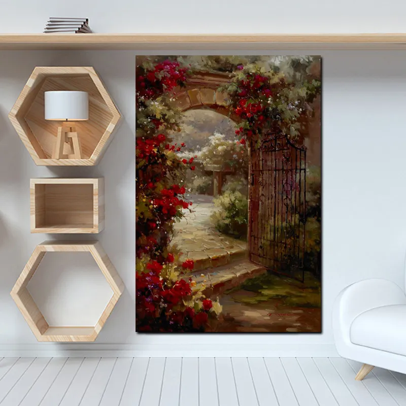 Abstract Pastoral House Flowers Door Landscape Oil Painting HD Print on Canvas Garden Poster Wall Art Picture for Livinng Room