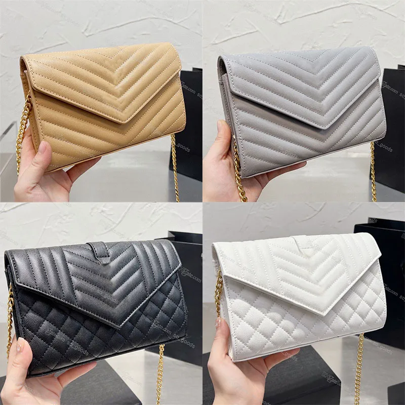 Avec boîte Designer WOC Enveloppe Sacs à bandoulière avec chaîne pour femmes Mode Luxe Cuir Bandoulière Sac à main Noir Kaki Blanc Caviar Flap Sac à main