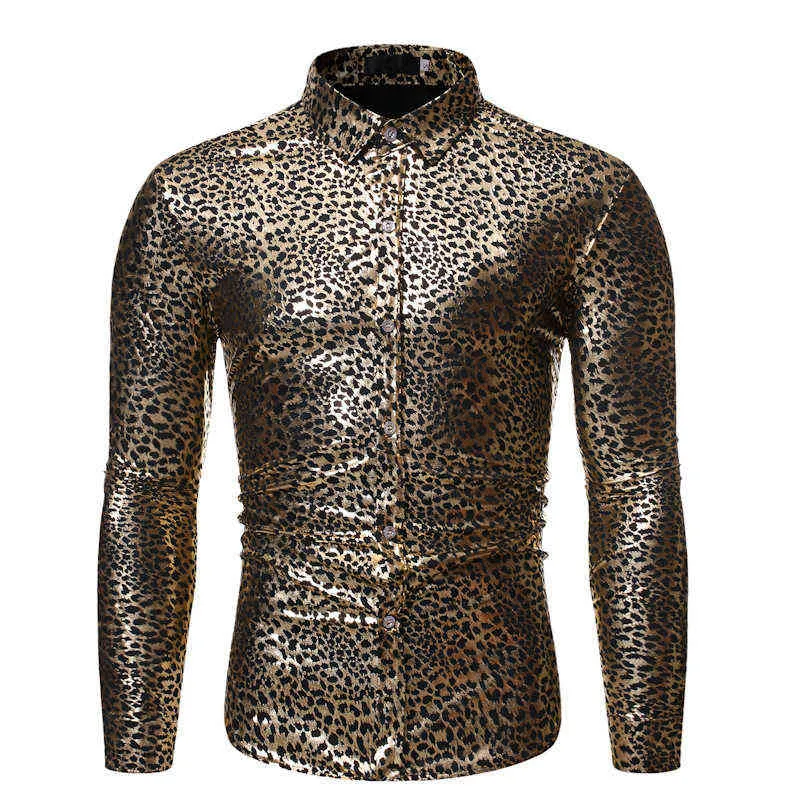 Sexy Leopard Print Shirt Men DJ Nightclub Party Casual Shirt 2022 Luxury Brand Bronzing Mens Dress Shirts Wedding Chemise Homme L220704