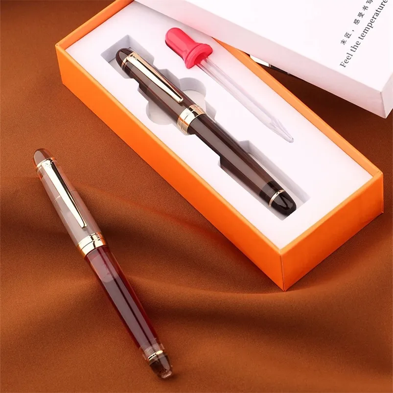 Majohn S7 harts Fountain Pen Matte Transparent/brun storkapacitet Droper Filling Pen 0,38/0,5 mm Iraurita Nib Ink Pen Present 220815