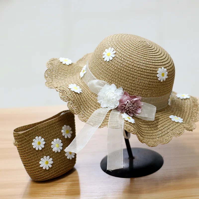 Kids Straw Hat Straw Hoeden voor Vrouwen Set Wide Daives Shade Sun Beach Strap Schoudertas