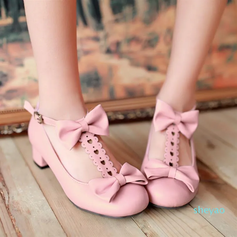 اللباس أحذية Lolita Bow مضخات منخفضة الكعب ماري جينس أحذية Cosplay الطالب فتاة الأحذية المد والكعب ميد