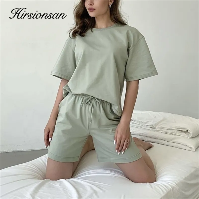 Hirsionsan Summer Soft Cottons Sets Sets women Basic Casual Two Pieces Tシャツと弾力性のあるウエストショーツパンツルーズソリッドトラックスーツ220616