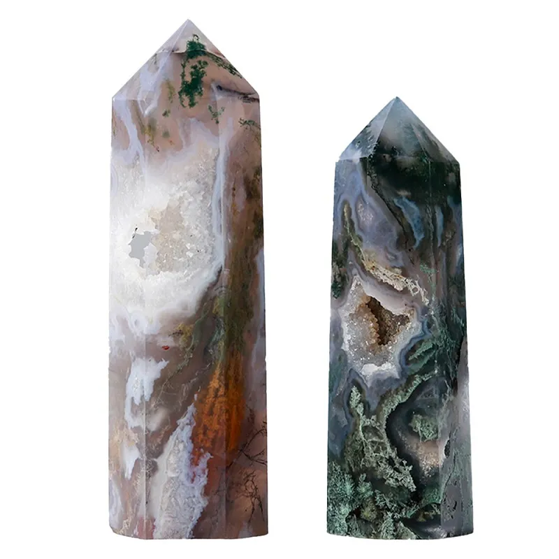 Natural Healing Crystal with hole original stone polished arts Moss Agate Crystal hexagonal column ornaments