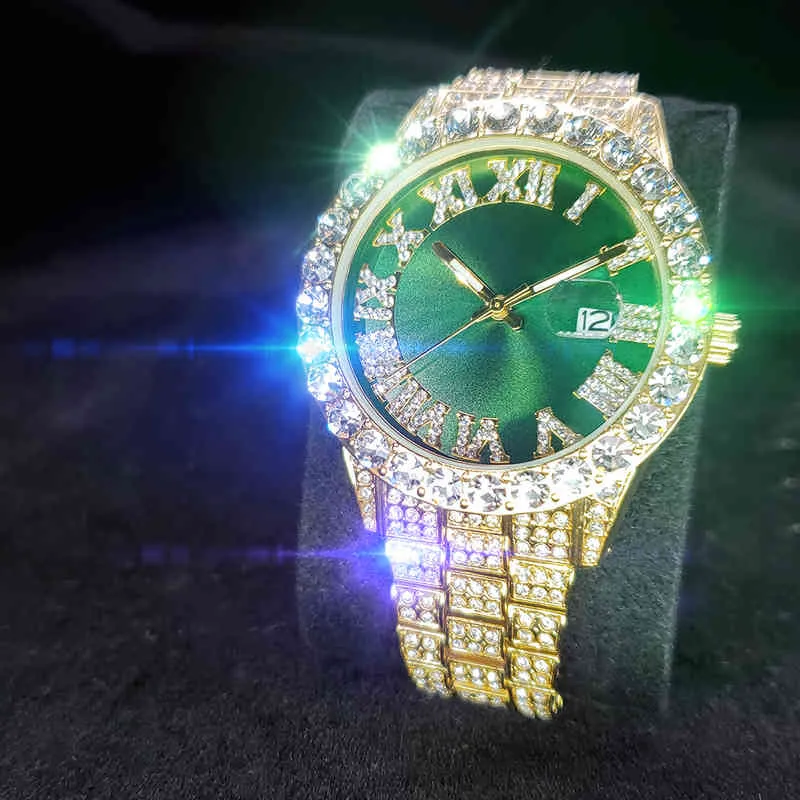 Missfox Luxury Brand Watch Man's Green Round Dial Men Gold Watch Big Diamnd Bezel Kalender Stainls Steel Top Watch Male