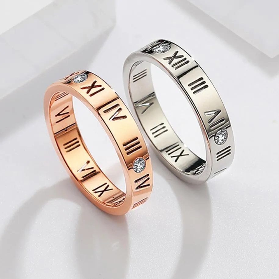 Minimalist Titanium Steel Rings Lucky Roman Numerals Rings CZ Crystals Rhinestone Trendy Party Lover Ring Couple Jewelry