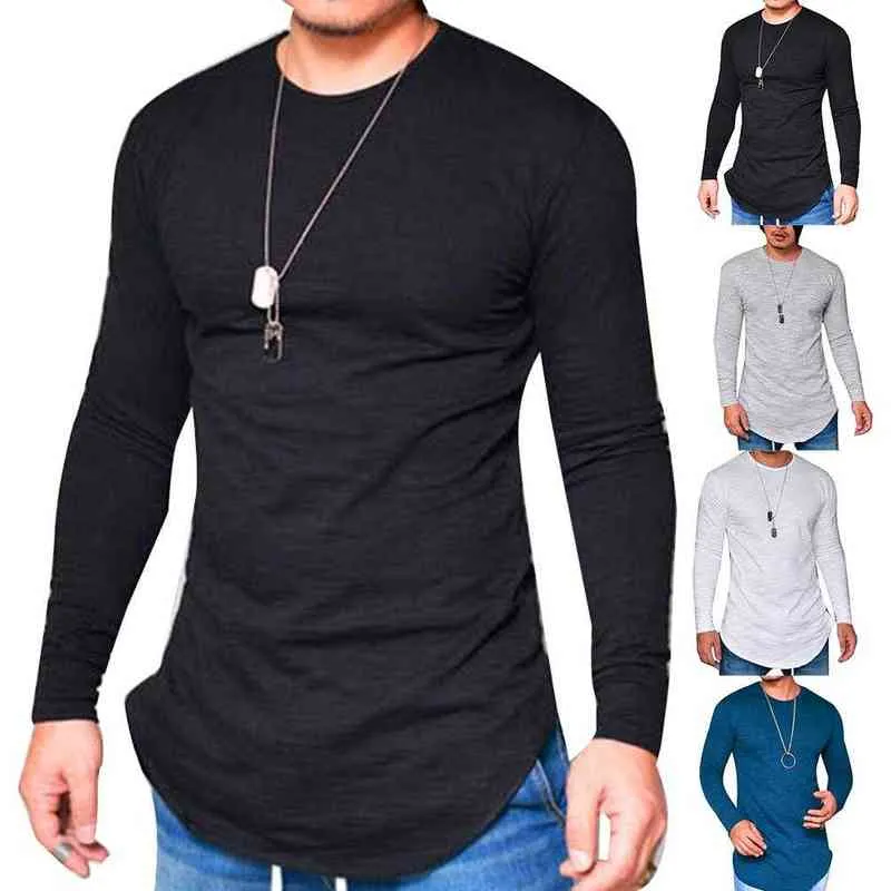 秋の冬Tシャツの男性長袖男性TシャツSlims O-Neck Solid ClothingTシャツ通りカジュアルコットンプルオーバーL220704