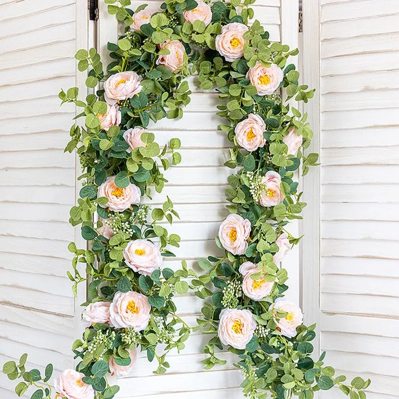 Flores decorativas Guirnaldas 1.8M Plantas de rosa de seda artificial Guirnalda Eucalipto falso Vides de peonía Colgando para la boda Mesa de casa Fiesta Garde