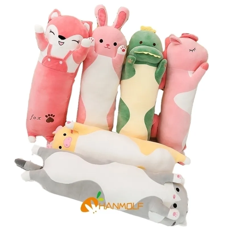 Dessin animé longs animaux en peluche jouet Squishy ami endormi trucs chat lapin cochon dinosaure licorne poupée cadeau de noël 7090120cm 220707