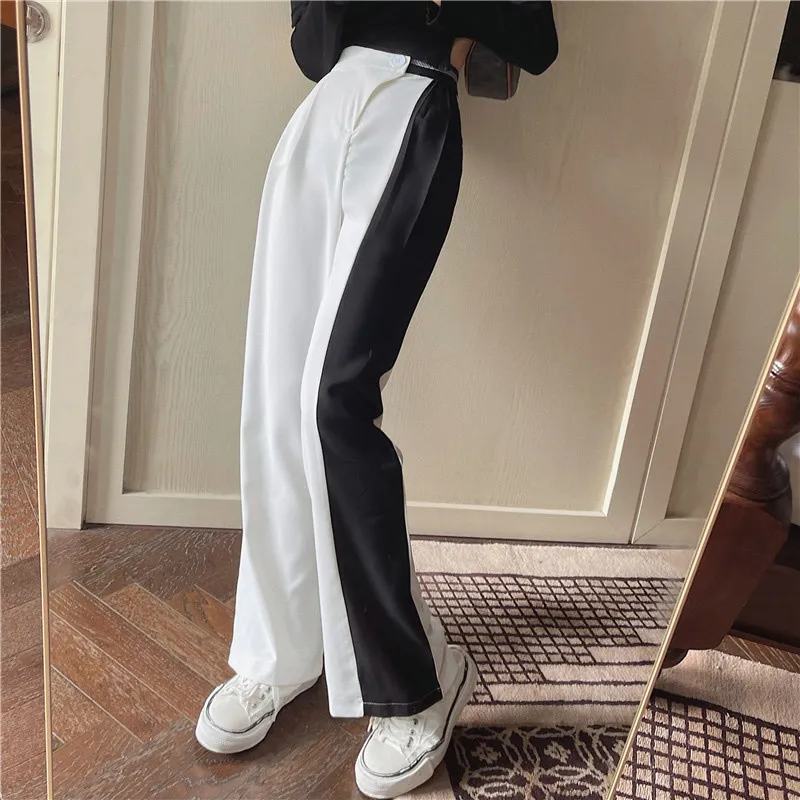Kvinnor retro breda ben byxor sommar avslappnad kvinnlig koreansk hög midja långa byxor vintage löst lapptäcke raka byxor
