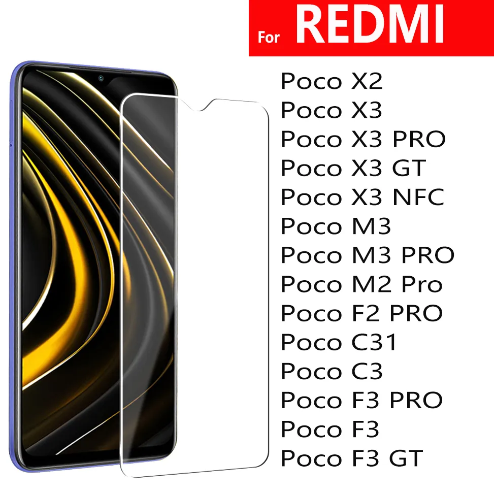 2.5D حامي شاشة الهاتف الزجاجي المقسى لـ Redmi Poco X2 X3 Pro GT NFC M3 M2 F2 C31 F3 Pro