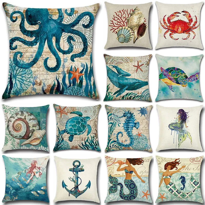 Travesseiro de travesseiro Tartaruga marinha Mermais náutica Padrão de linho de algodão Pillow almofada de almofada de almofada para decoração de decoração de decoração Pounhão decorativa 40018 220714