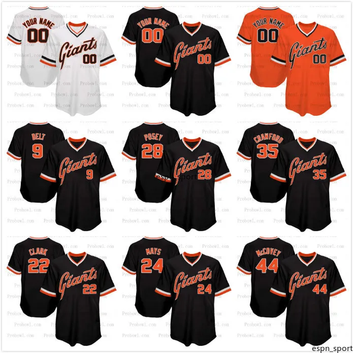 28 Buster Posey Baseball Jerseys SF Giants Crawford Brandon Belt Will Clark Willie Mays Willie McCovey Blank sem número de nome Camisa de beisebol Throwback