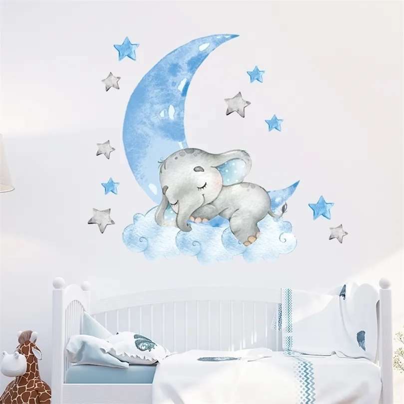 Baby Boy Elephant Sleeping Moon Wall Stickers per la camera dei bambini Baby Nursery Room Decoration Stickers murali Home Decor Cartoon Animal 220727