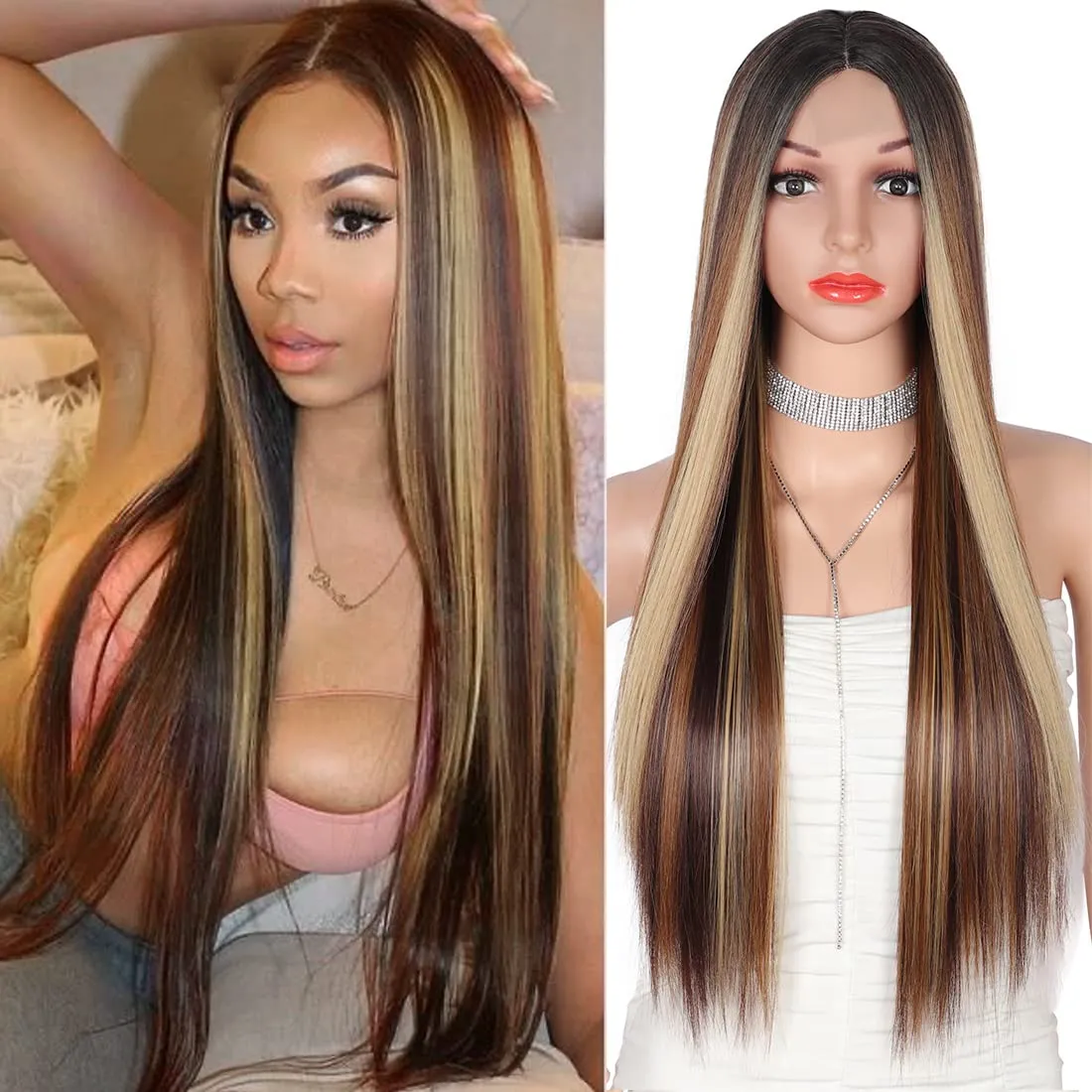 Perruque Lace Front Wig à reflets bruns, 20 pouces, cheveux humains pré-épilés, ombré, soyeux, lisses, 13x4, racines foncées, densité 150%, cheveux colorés noirs pour femmes