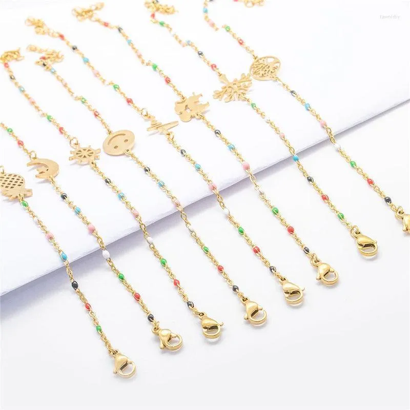 Charm Bracelets 1 PC Fashion 304 Stainless Steel For Women Gold Plated At Random Enamel Mixed Shape Gift Jewelry 18cm Long Fawn22