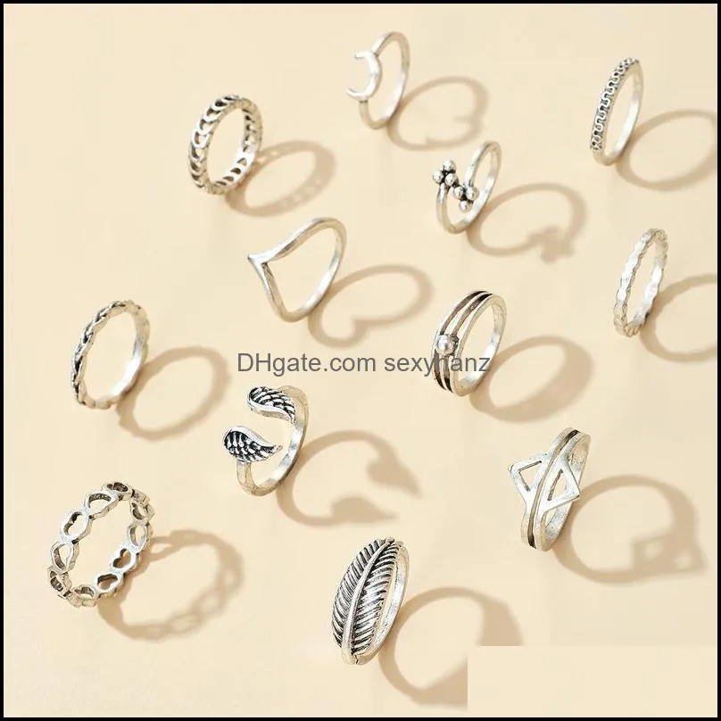 12pcs/sets vintage band rings silver color heart joint for women charm moon leaf wing geometric wedding ring jewelry