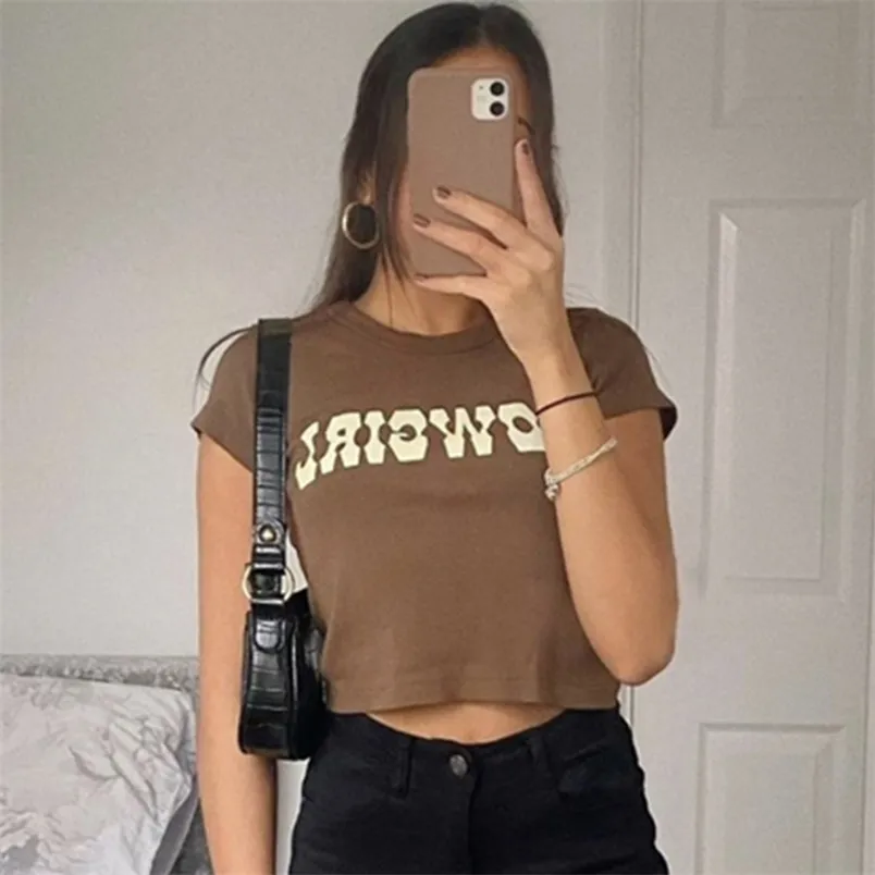 Vintage litera drukująca seksowne topy kobiety swobodny krótki rękaw Bawełniane koszulki pullover letnie Slim Streetwear T Shirt Woman 220602