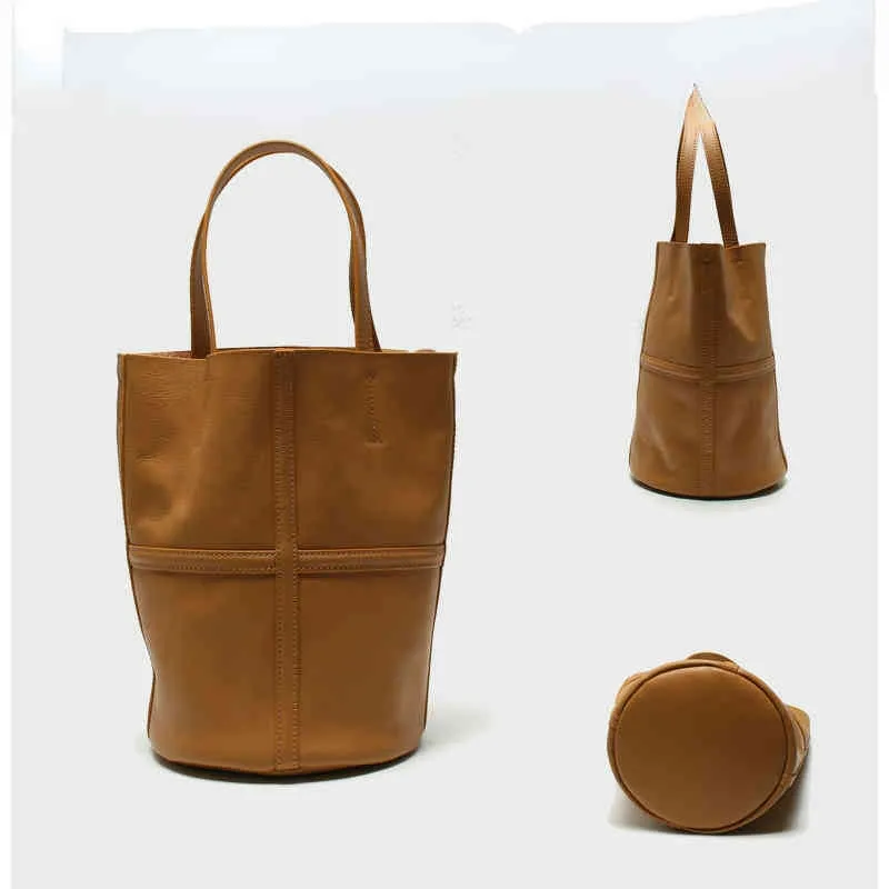 Vegetable Tanning Top Layer Cowhide Women's Bag Niche Design Women's One Shoulder Bucket 220617