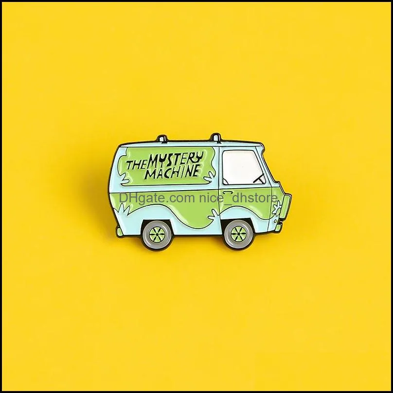 magical green car enamel pins the mystery machine badges solve trouble brooches for women backpack bag lapel pin cartoon cute jewelry