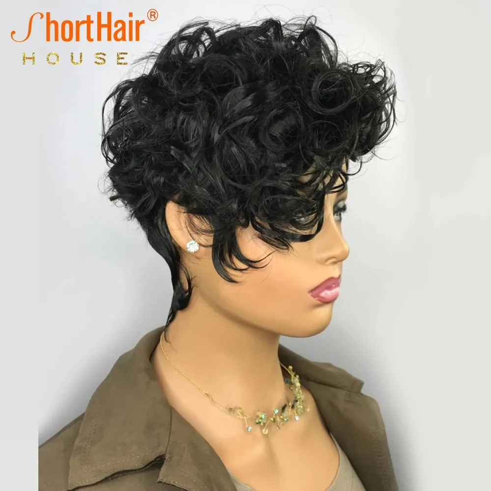 Short Curly Human Hair Wigs For Girls Pixie Cut None Lace Front Wig For Black Women Pre plucked Full Machine Made