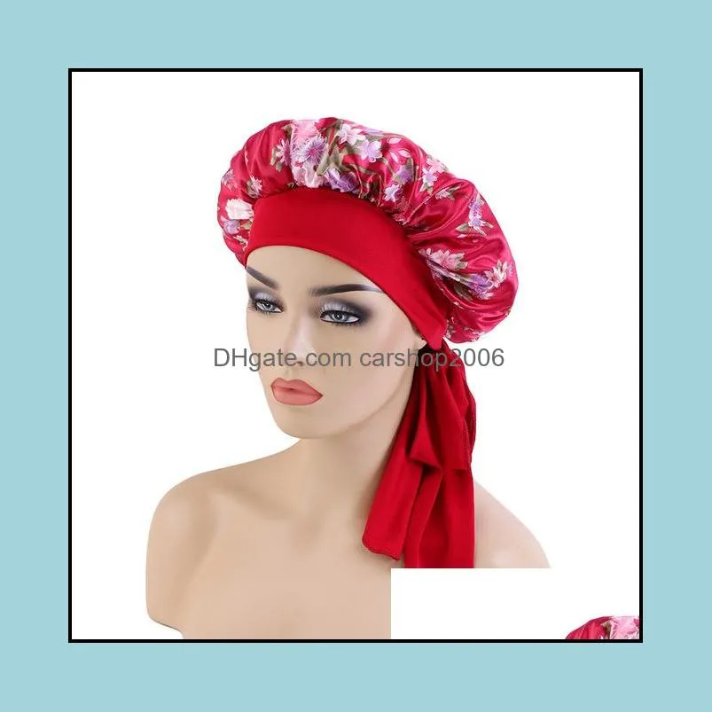 large size satin bonnet women night sleep cap floral printed adjustable wide band elastic head wrap hair bonnet sleeping hat