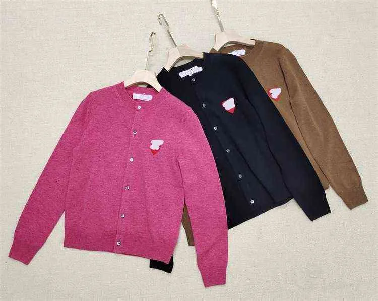 ピンクウールカーディガンレディースラウンド刺繍ラブカシミアセータージャケットカップルセーター