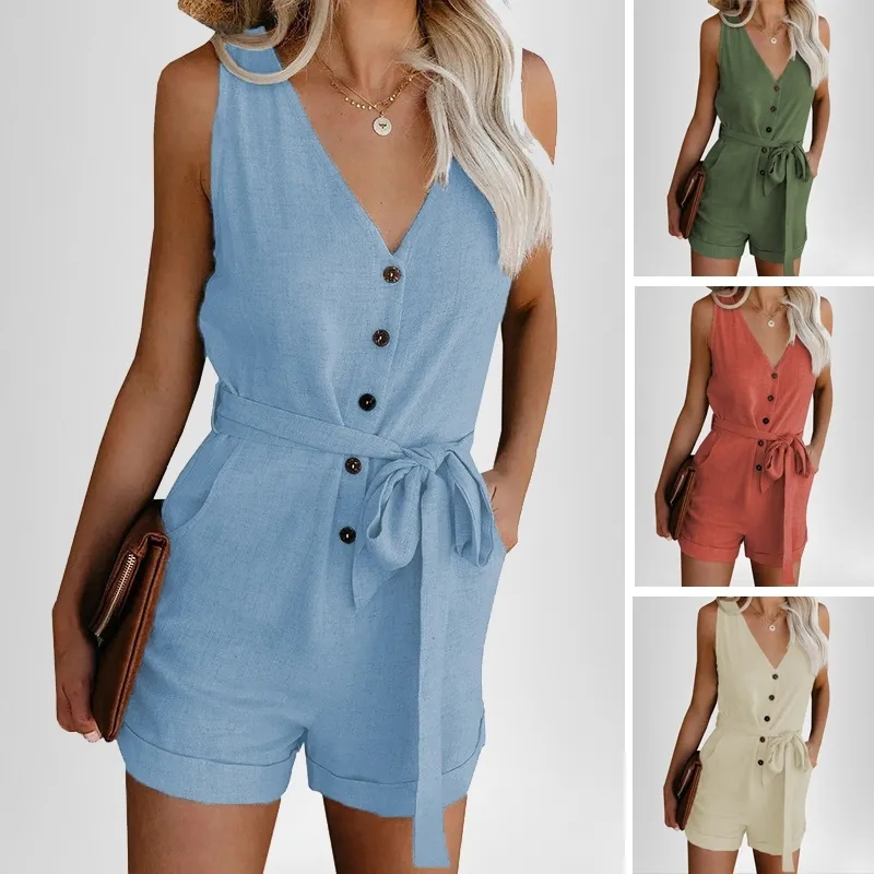 Jumpsuit Vrouwen Zomer Kleding Off Schouder Gordel Tuniek Sleeveles Playsuit Solid Casual V-hals Korte Jumpsuits Plus Size W220427