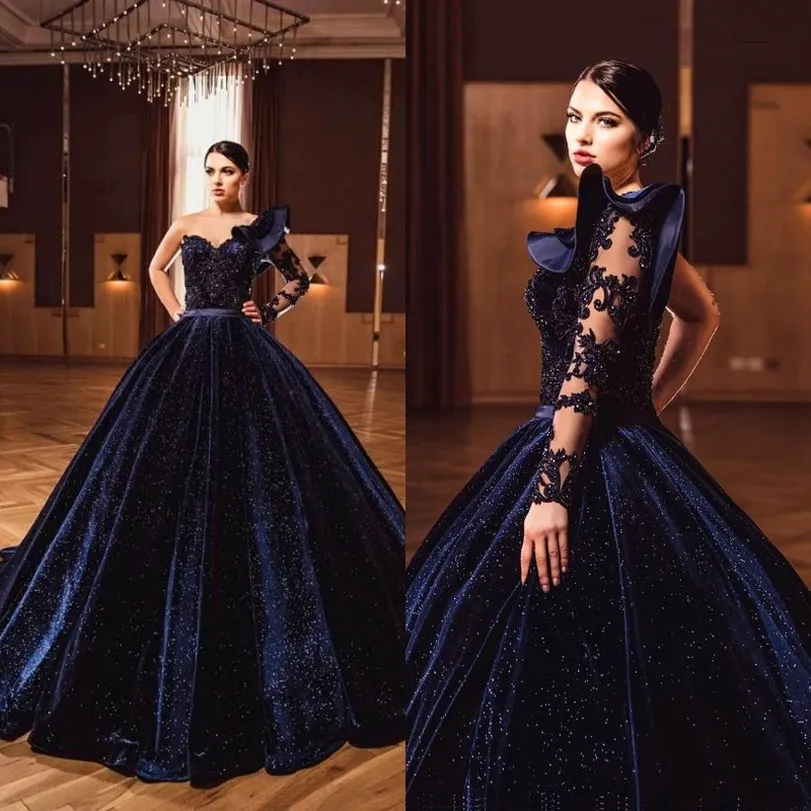 2022 Navy Velvet Ball Gown Quinceanera dresses Long Caftan Party Crystals Beading Evening Gowns Vestidos Formals Dubai Dress C0621x02