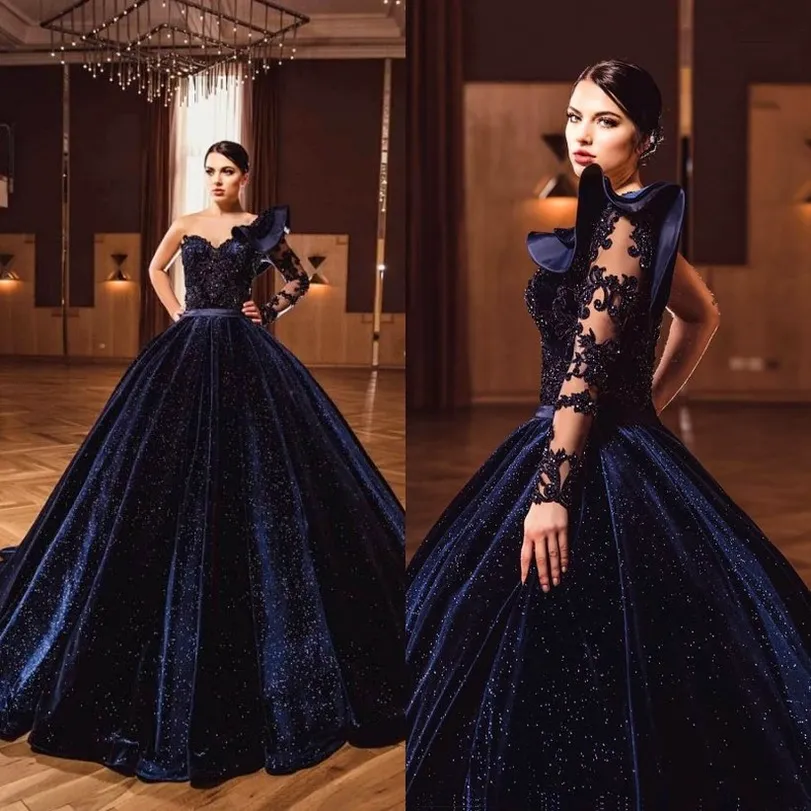 2022 Donanma Kadife Balvet Elbise Quinceanera Elbiseler Uzun Kaftan Parti Kristalleri Boncuk Gece Elbiseleri Vestidos Formalları Dubai Elbise C0621X02