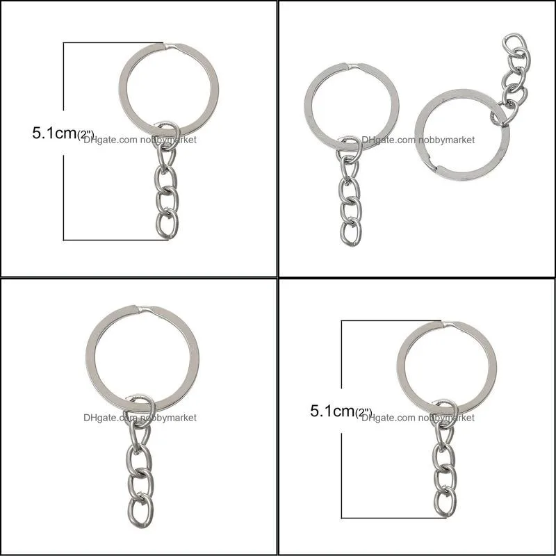 100 PCs Doreen Box Chains & Rings Round Alloy Silver Color Keychain 51mm x 24mm For DIY Jewelry Making Whole