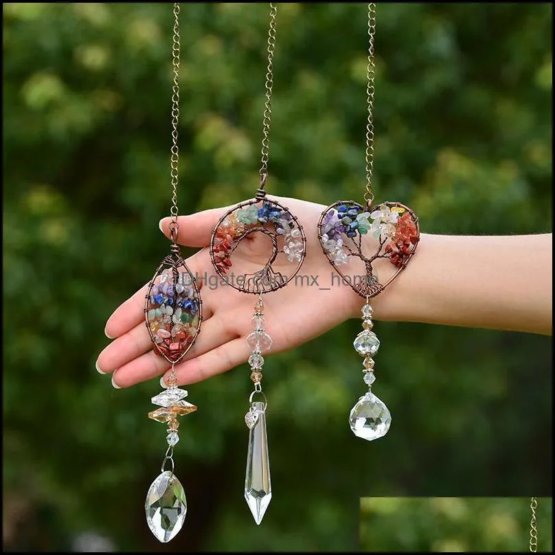 Healing Spiritual Home Window wall Hanging pendant Decor Tree Of Life hang Chakra Stone Prism Natural Crystal Charm Ornament