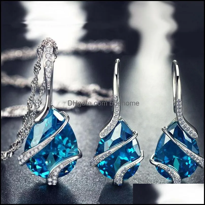 Popular Sea Blue Water Drop Zircon Necklace Earrings Retro Jewelry Topaz Necklace Set 45cm chain