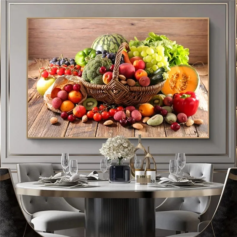 Vegetais e frutas em cesto de canvas de cozinha Poster de decoração e impressões de comida verde para decoração da sala de jantar