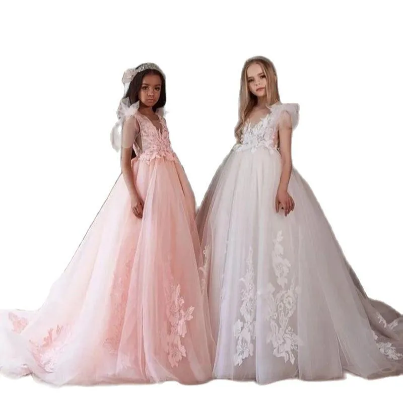 Girl's Dresses Lace Appliques A-line Tulle Princess Flower Girl Dress For Wedding V Neck Children Pageant Gown Communion DressesGirl's