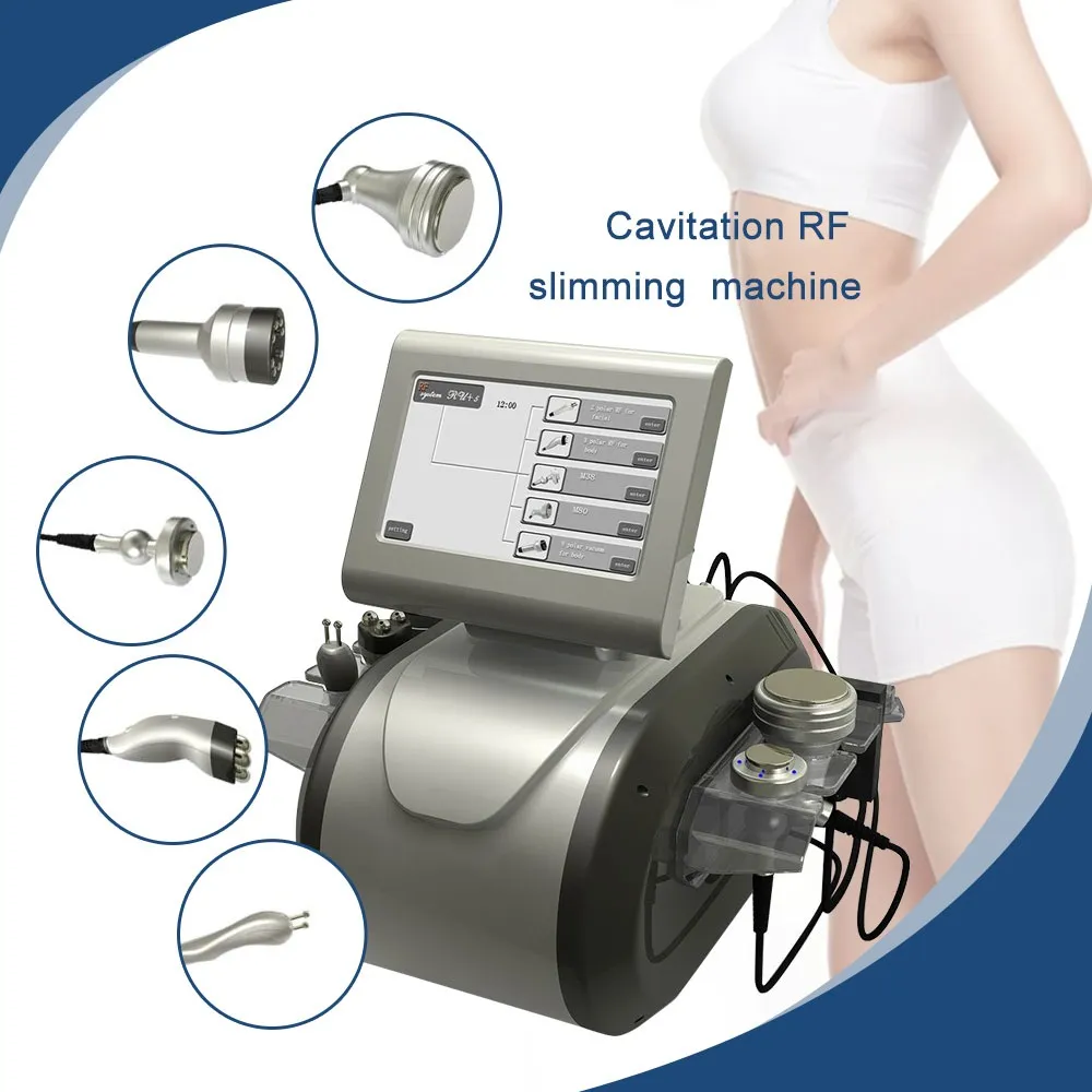 5 I 1 40 K Cavitation Ultraljud RF Equipment Body Slimming Machine Ru+5 Model Vakuummassager 6 Polor Radiofrekvens 2-polor RF-enhet för olika delar till försäljning