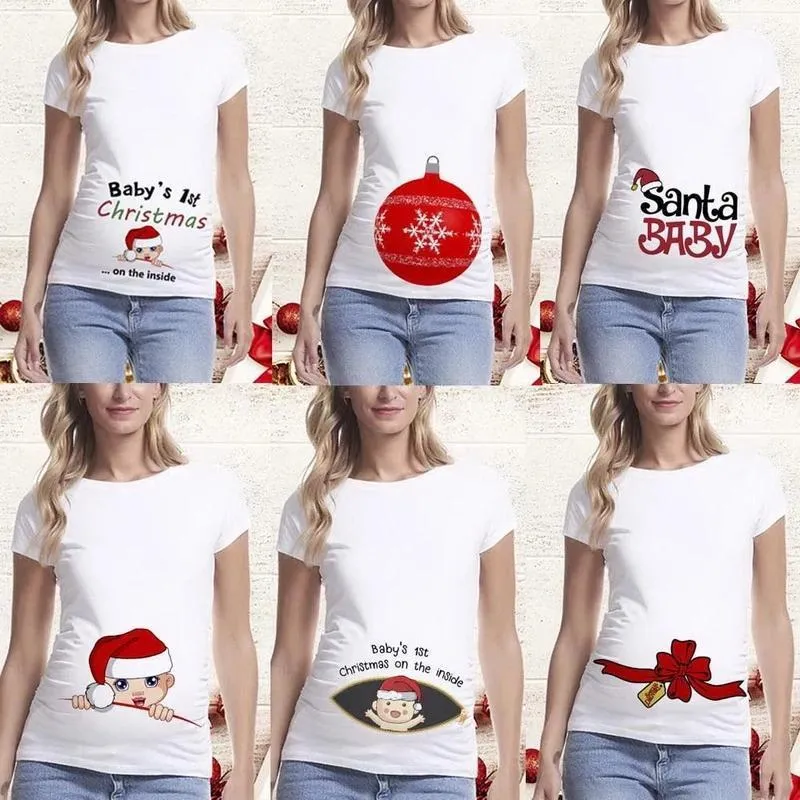 Kvinnors t-shirt graviditet tee moderskap jul topp kvinnor söt santa baby tryck gravida kläder 0203