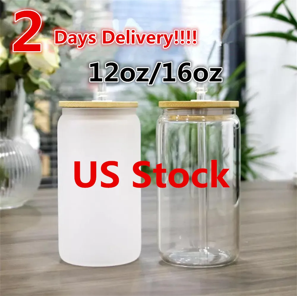 2 Tage Lieferung 12oz Sublimationsglas-Bierbecher mit Bambusdeckel, Strohhalm, DIY, mattiertes, klares Trinkgeschirr, Kaffeetassen, Biersaft, kalte Tassen, US-Lager