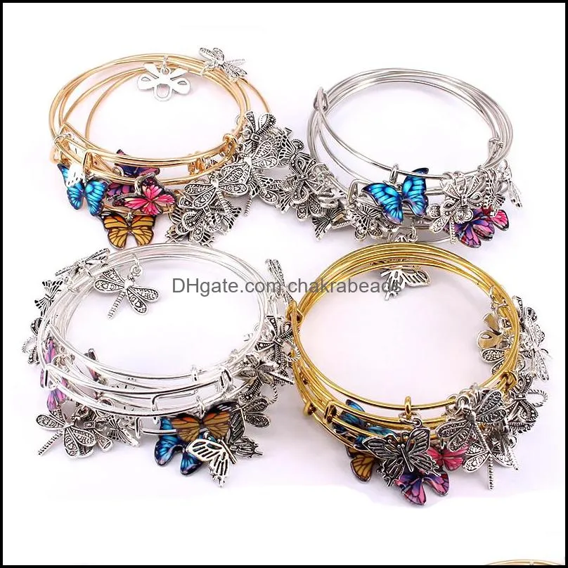 5pcs Bangle Set Wire Bracelets for Women Girls Jewelry Butterfly Dragonfly Bow Charms Bangles Cuff Jewlery