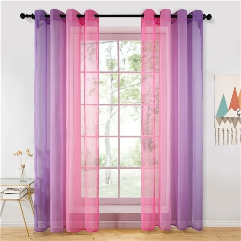 Sheer Curtain Purple Pink Gradient Tulle Curtain for Living Room Bedroom Kitchen Home el Coffee Decor Blue Orange Color 220511