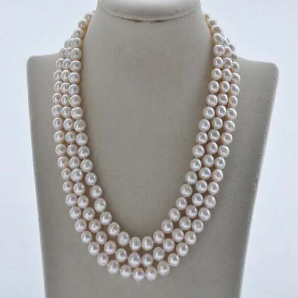 3ROW 18 "9mm White Round Freshwater Pearl Necklace
