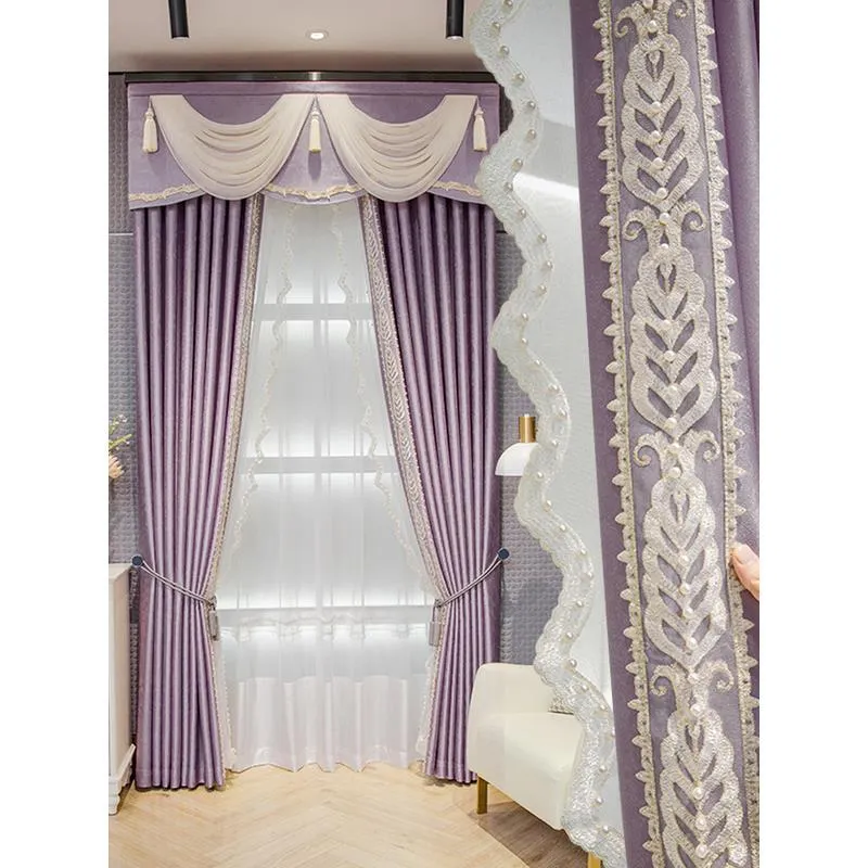 Perde Drapes Özel Nordic Modern Basit İşlemeli Boncuk Jacquard Ekleme Mor Karartma Valance Tül Paneli M1257Curtain Drapes