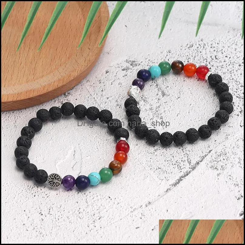 Fashion Natural Black Lava Stone Beads Bracelets For Men Buddha Head Tree of Life Charm 7 Reiki Chakras Beaded Yoga Balance Bracelet
