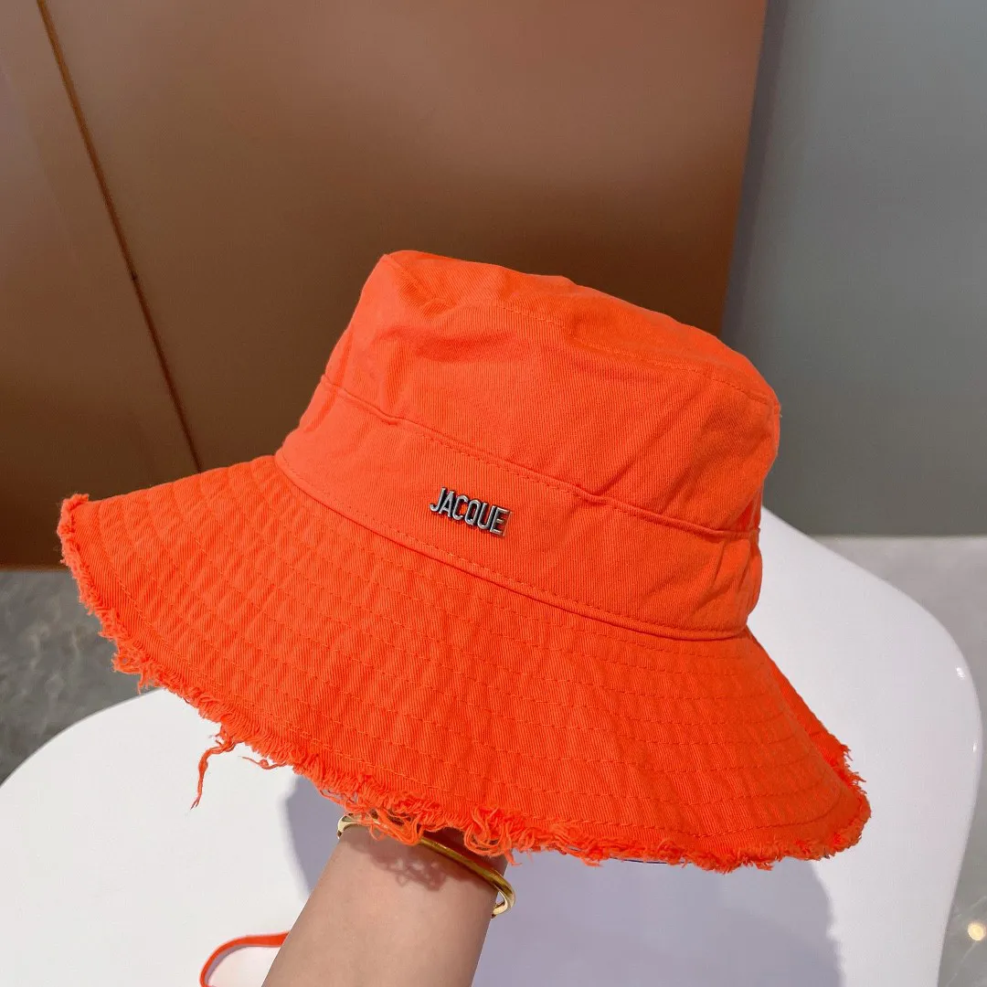 Designer Frayed Orange Bucket Hat For Women Wide Brim Bob Cap For