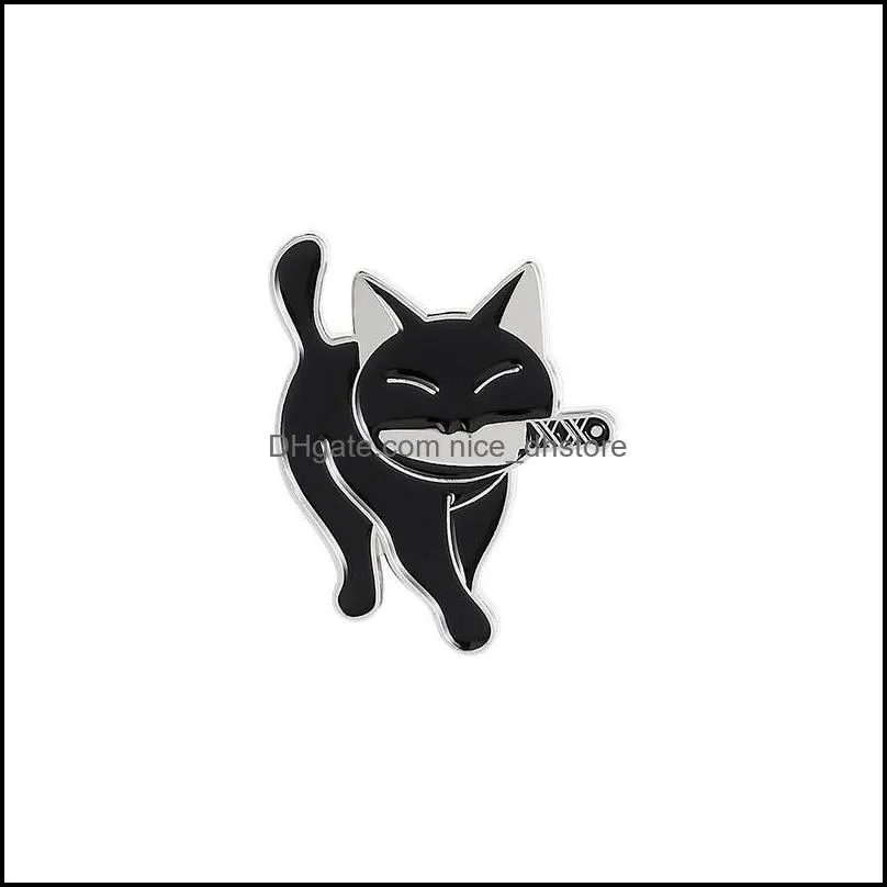 black cat knife punk style enamel brooches pin for women girl fashion jewelry accessories metal vintage brooches pins badge wholesale