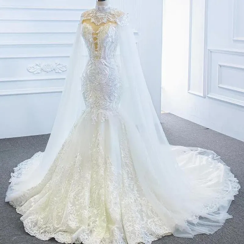 Dubaï sirène robe de mariée avec cape châle élégant chérie dentelle arabe pays robes de mariée 2022 appliques jardin église mariée femmes robe De Noiva